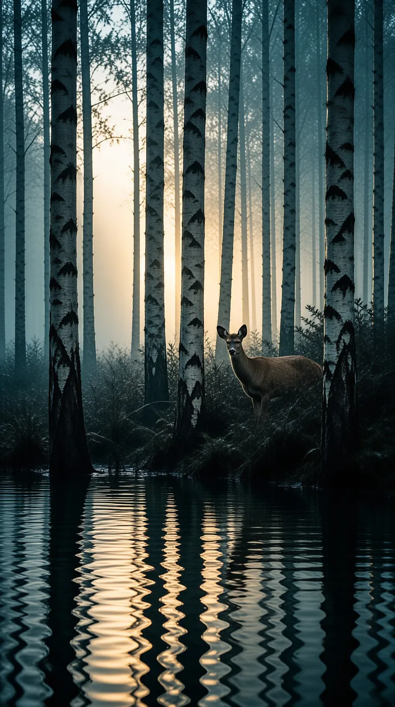 A brown deer stands alert among birch trees while golden sunlight filters through the misty forest above a reflective pond.