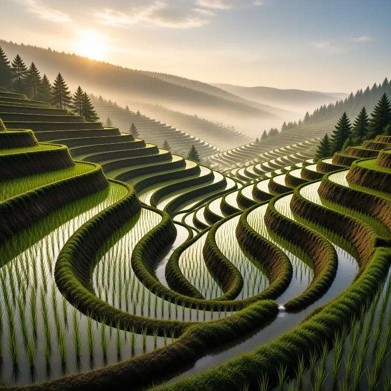 Winding bands of green paddies hold mirrorlike water while low sun and haze soften distant pine hills.