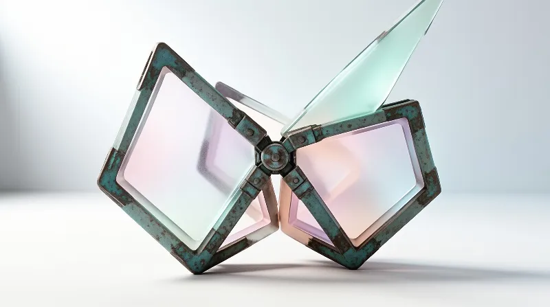A rusted metal structure resembling a butterfly with translucent iridescent panels folded against a clean white background.