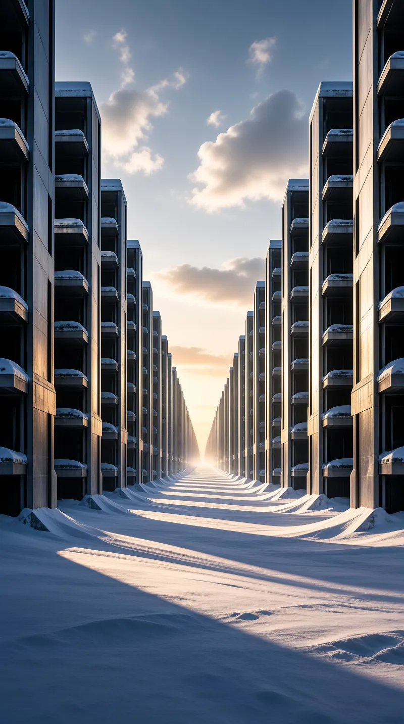 Tall concrete structures line a snow covered path leading toward a glowing horizon under a partly cloudy sky.