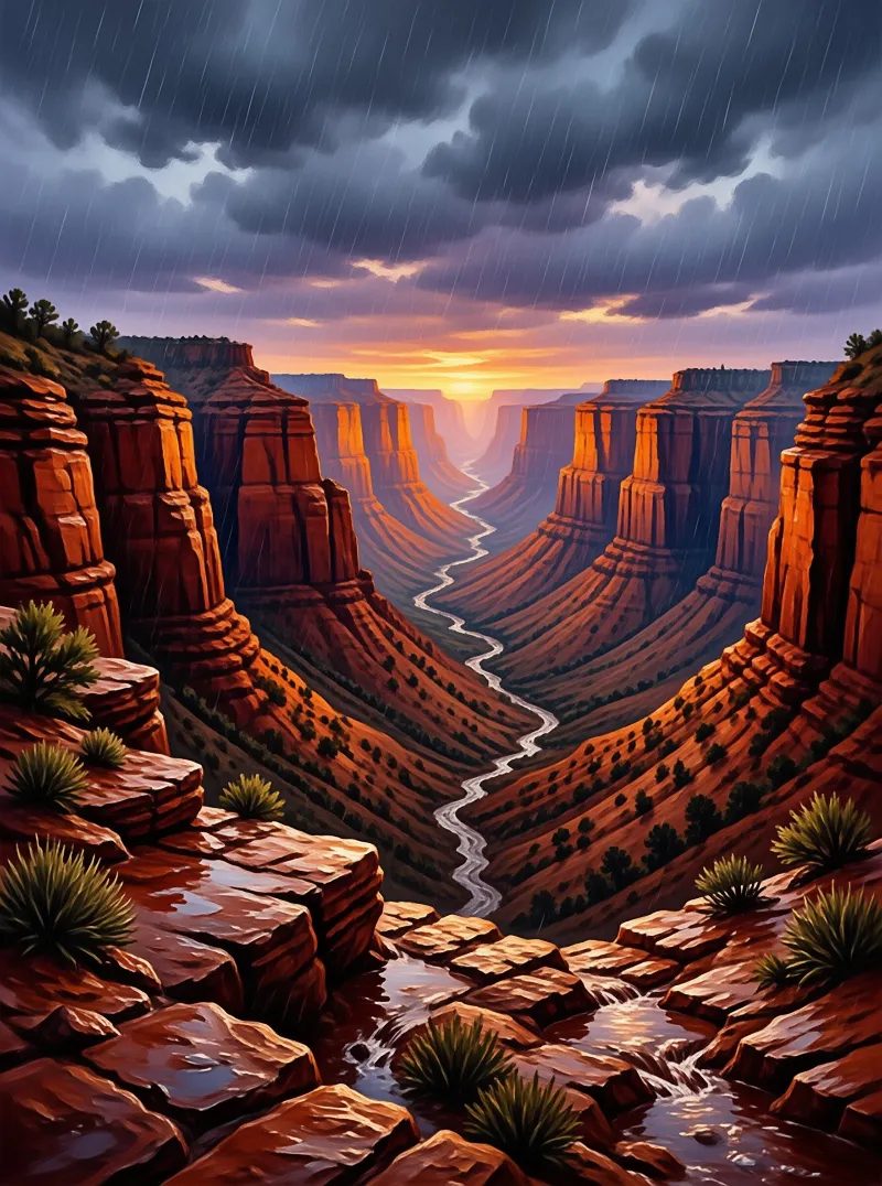 A winding river cuts through towering red rock cliffs as rain falls at sunset.