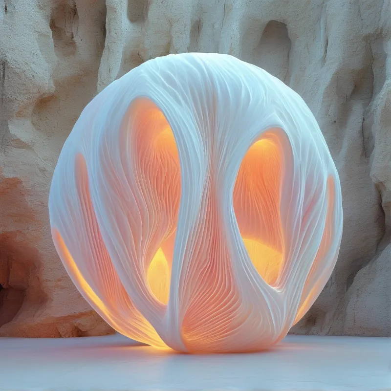 A smooth white layered hollow object glows with soft amber light inside, resting against a rough eroded rock wall.