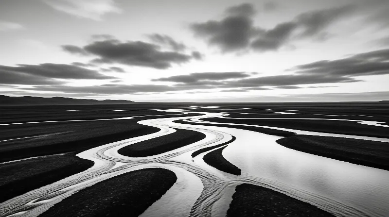 A winding river splits into multiple streams across dark wetlands beneath a cloudy sky.