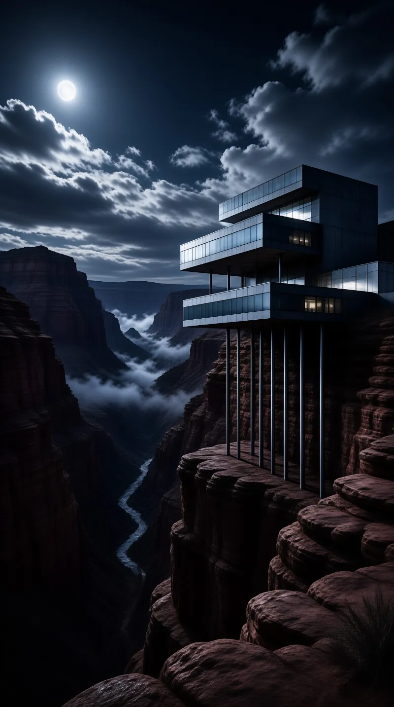 A cantilevered glass residence clings to a dark canyon wall while moonlight spills over drifting clouds.