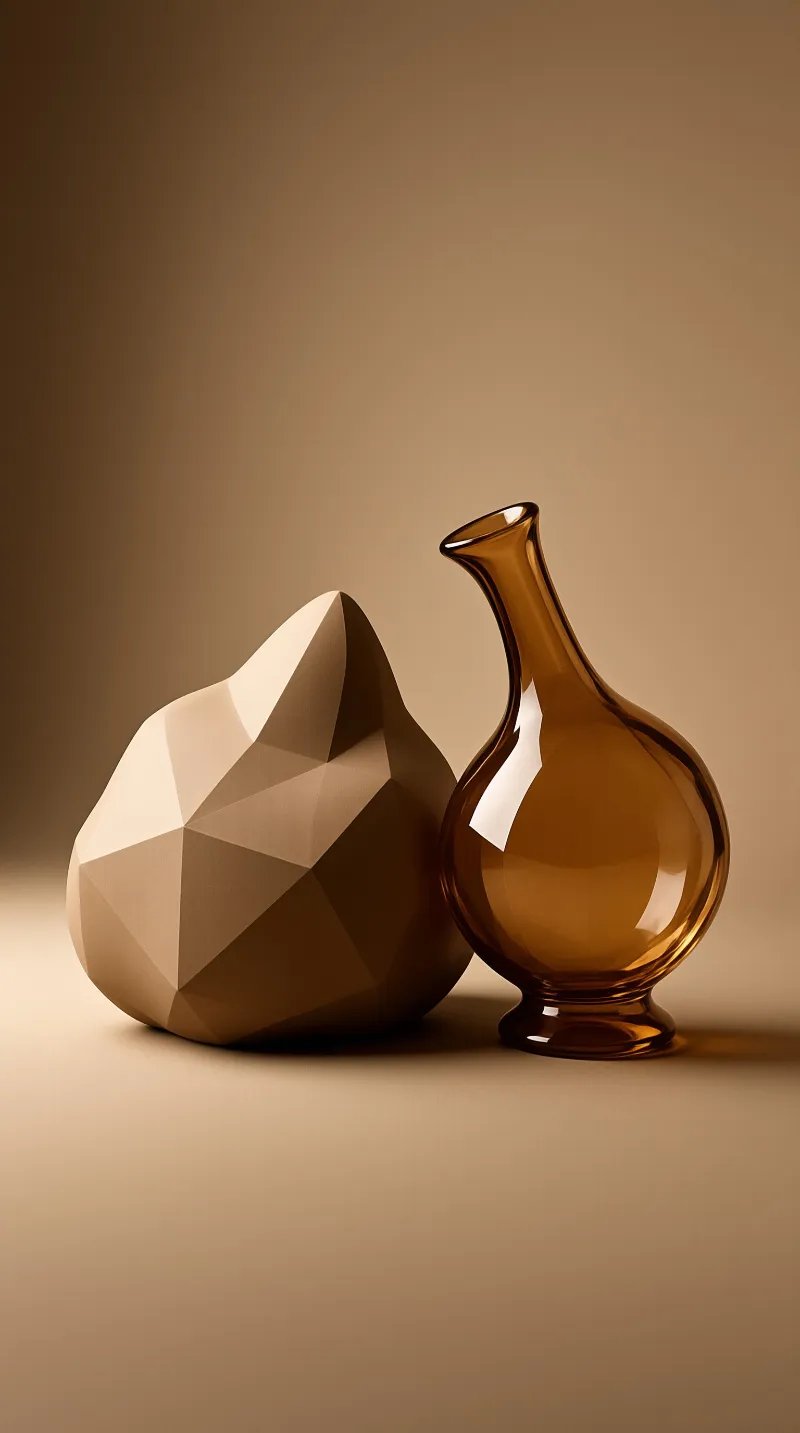 A glossy amber glass bottle stands next to a matte geometric rock sculpture within a smooth warm beige studio space with soft shadows.