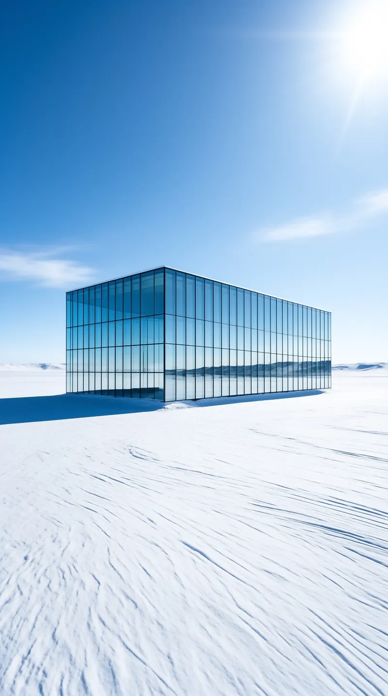 A large rectangular glass building stands isolated in a vast white snowy landscape under a clear blue sky.
