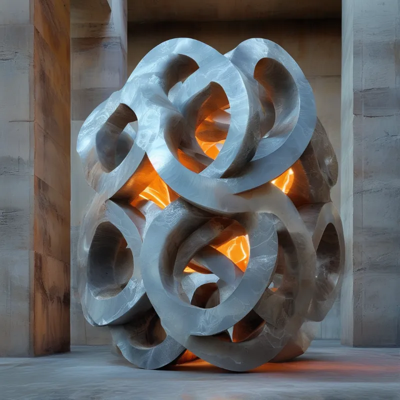 Polished metal loops weave into a knot around an amber lit interior, set against pale stone walls and floor