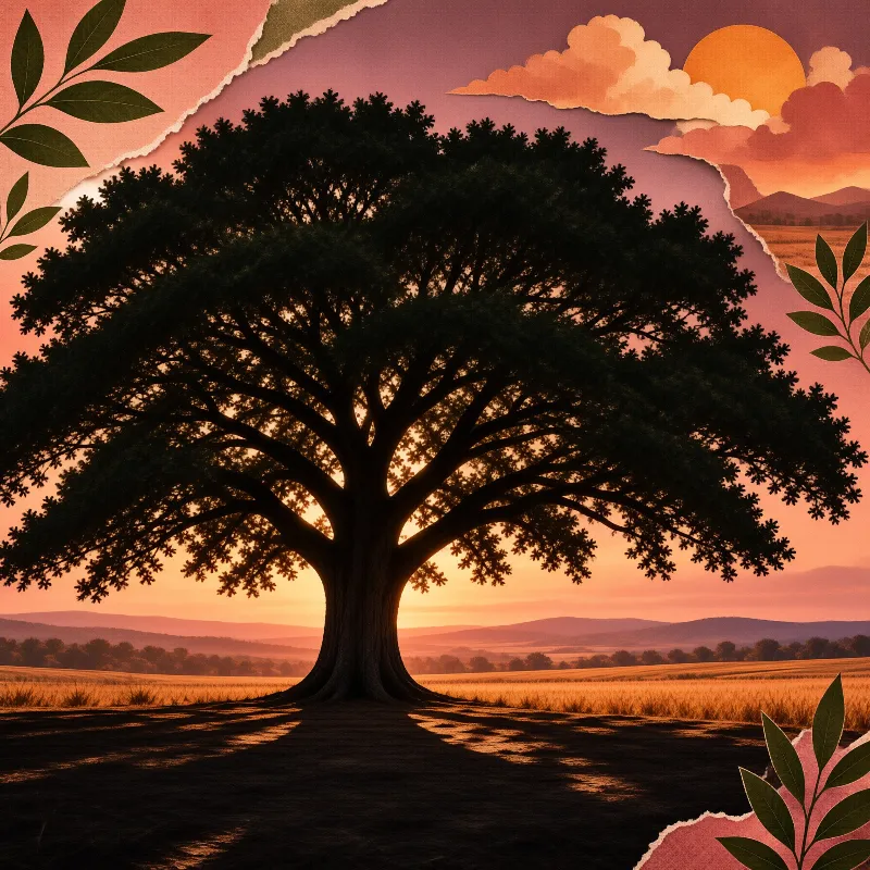 A broad spreading tree stands dark against a peach sunset, framed by torn-paper collage edges and painted leaf sprigs.