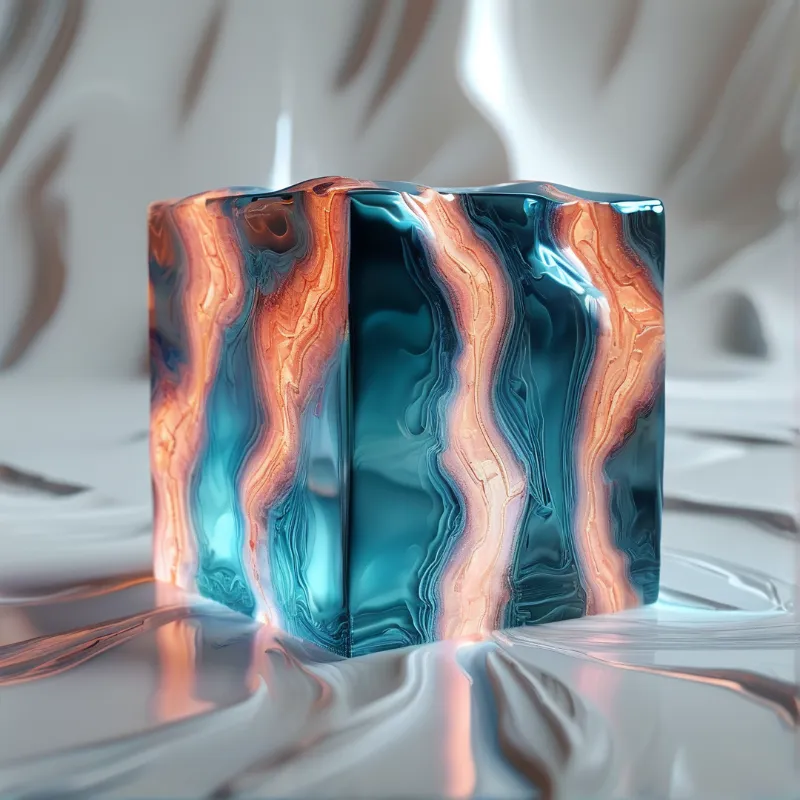 A patterned geometric cube rests on a crumpled metallic surface under soft studio lighting.