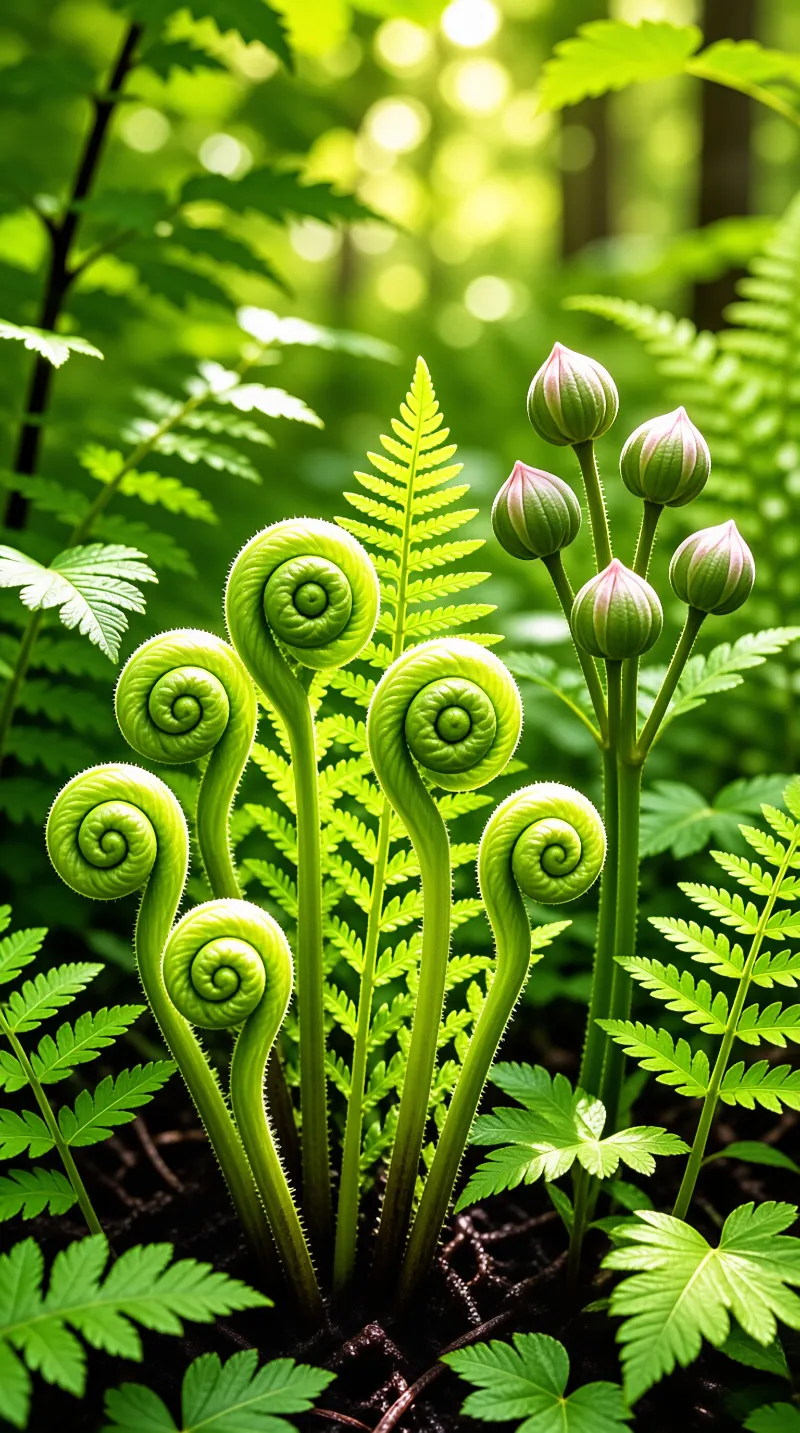 Green fern spirals and upright buds grow amidst lush foliage under bright dappled forest sunlight.