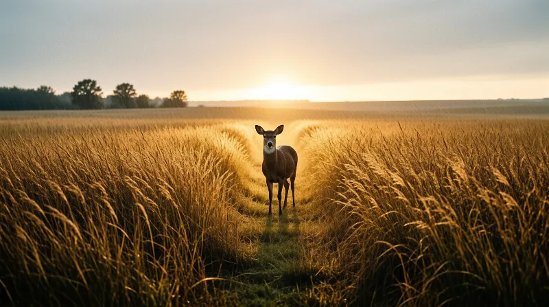 A whitetail deer stands alert in the middle of a grassy field path illuminated by the warm light of a setting sun.