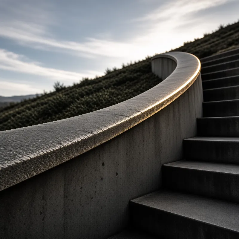 Curved concrete steps wind upward with sunlight glinting off the railing edge against lush green slopes.
