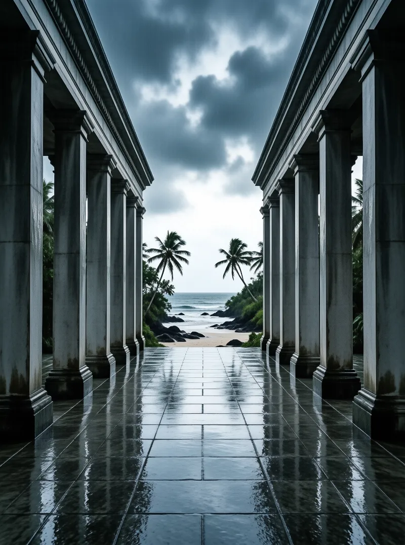 A rain-slicked stone colonnade aligns to frame a misty ocean beach lined with leaning palm trees under heavy grey storm clouds.