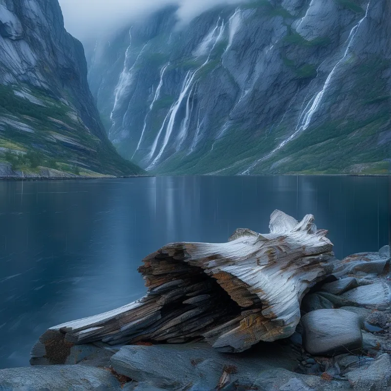 Bleached driftwood rests on gray rocks in front of a calm blue lake and steep mountains with cascading waterfalls.