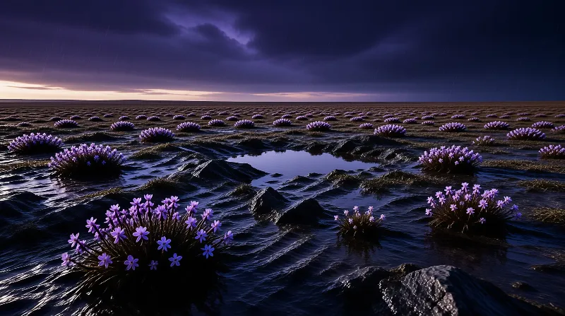 Clusters of small purple flowers dot a dark rippled tidal flat beneath a stormy dusk horizon.