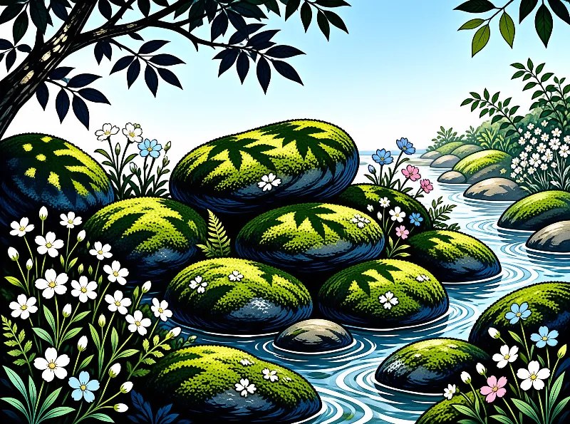 Rounded green moss covered stones sit in a calm rippling river lined with colorful small wildflowers and overhanging dark tree branches.
