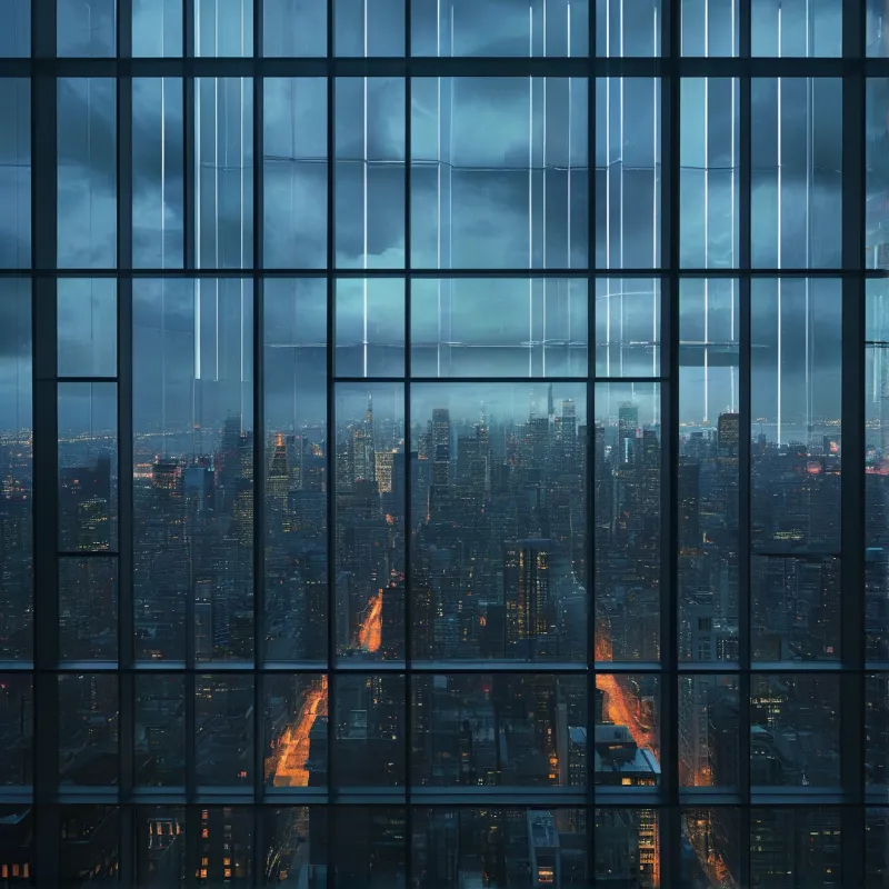 Dark window grid framing a dense urban skyline glowing with warm lights under a cool blue evening sky.