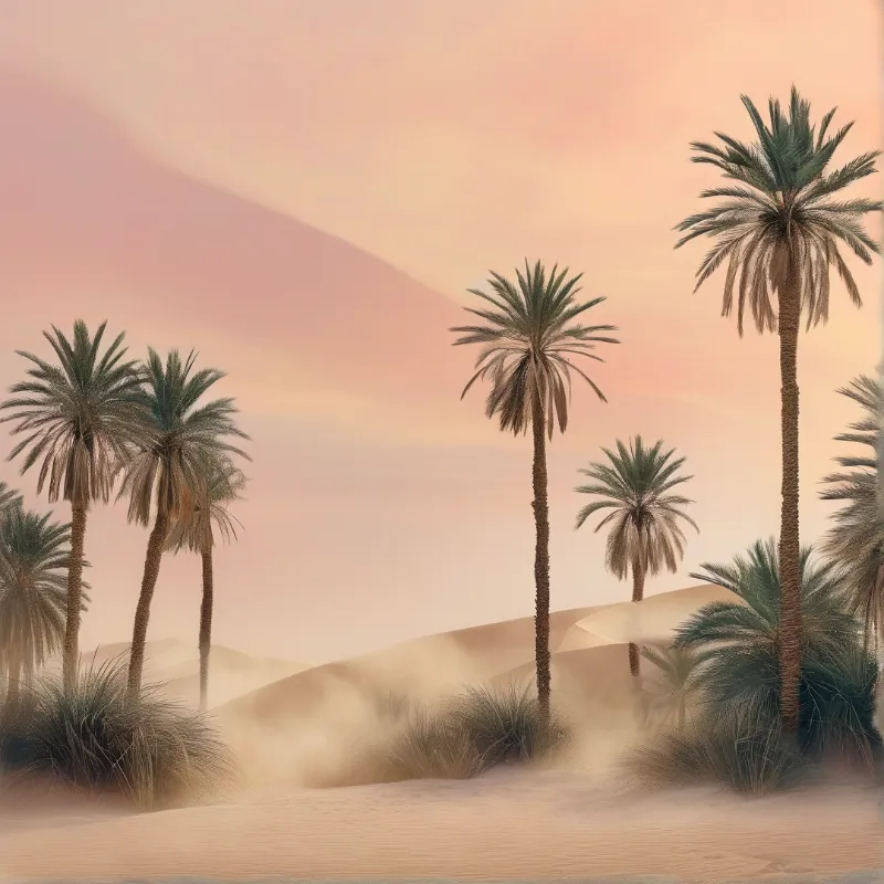 Several palm trees grow across rolling sand dunes under a soft pastel sky with pink and orange hues.