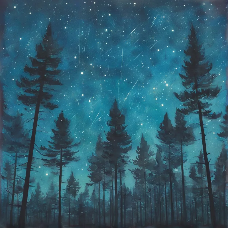 A dense forest of dark evergreen trees stands beneath a deep blue night sky filled with bright stars and streaking meteors.