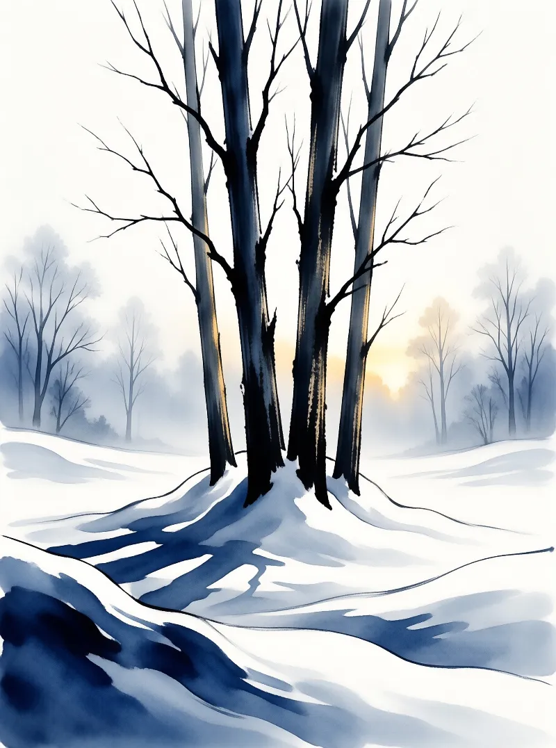 Dark leafless trees stand on snow while a misty forest glows with warm sunlight in the distance.