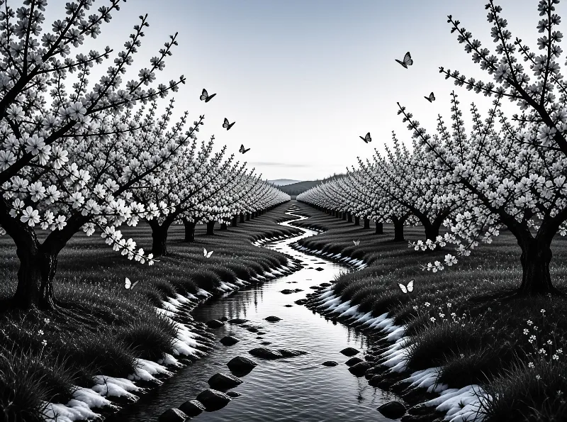 Rows of blossoming fruit trees form a dark tunnel around a winding river in a black and white landscape with butterflies