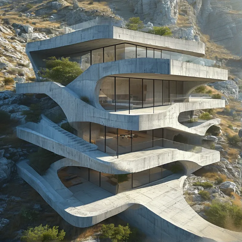 A multi-level brutalist house of curved concrete slabs and glass walls is set into a sunlit rocky hillside.
