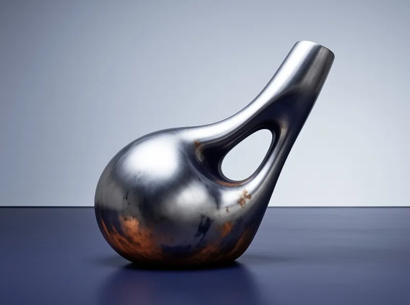 A bulbous brushed metal form pierced by a single opening sits on a deep blue floor, its lower curves streaked with warm rust.