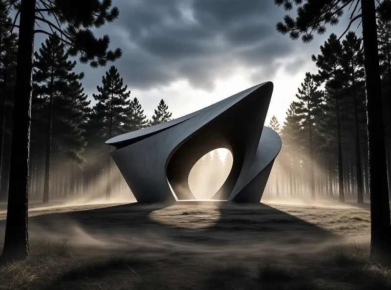 A curved concrete pavilion rises from a foggy pine clearing as pale light breaks through the trees.