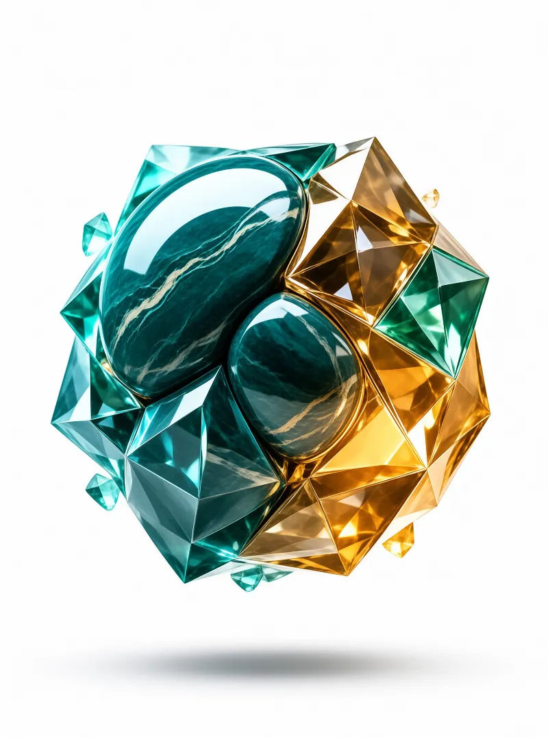 A cluster of faceted teal and amber crystals surrounds two large smooth oval stones against a plain white background.