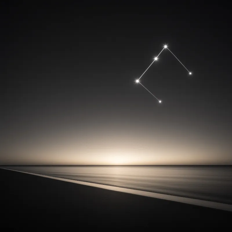 Bright stars linked by white lines float above a smooth dark sea under a glowing horizon.