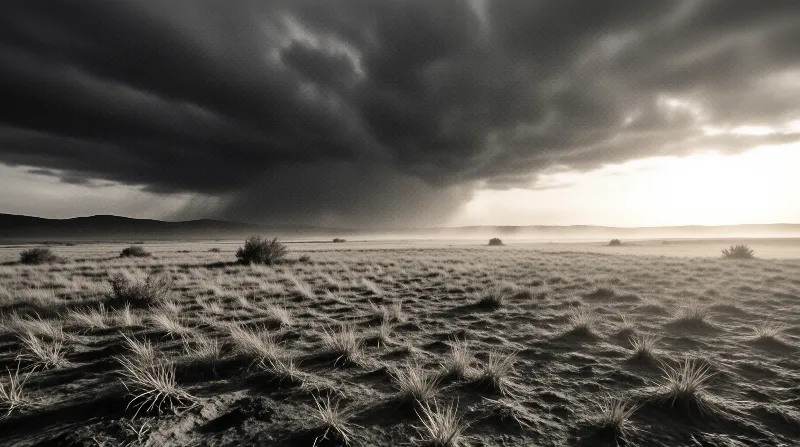 A monochrome landscape showing a grassy plain under heavy dark clouds with bright light breaking through near the horizon.