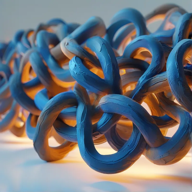 Interconnected blue tubular forms create a complex knot shape with warm orange light shining through the gaps.