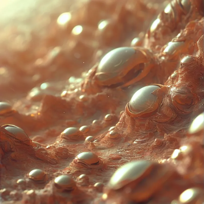 A close view of shiny silver spheres embedded in a ridged, reddish-brown organic surface with soft lighting.