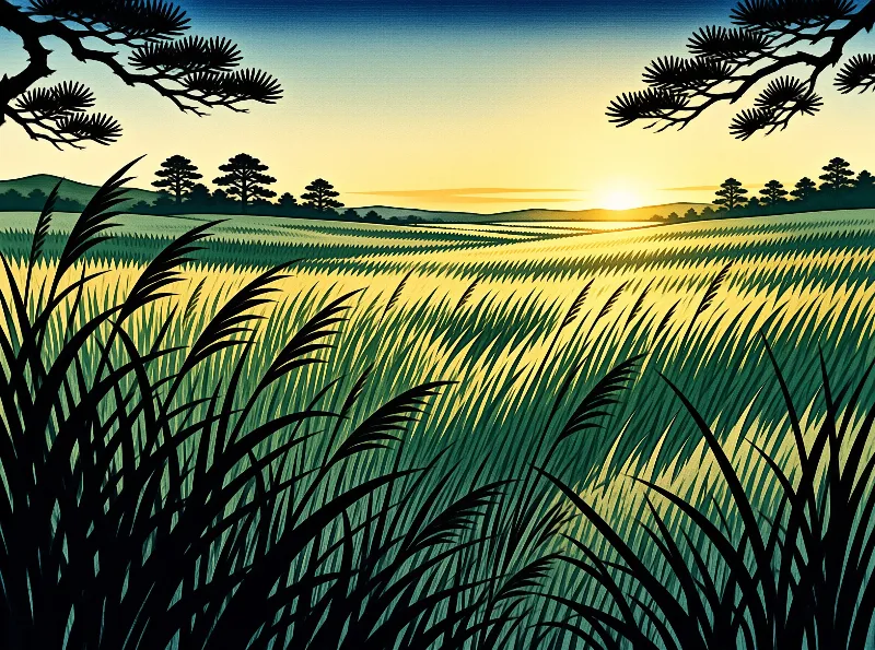 Dark silhouettes of pine branches frame a golden grassy landscape stretching toward a bright sun on the horizon.