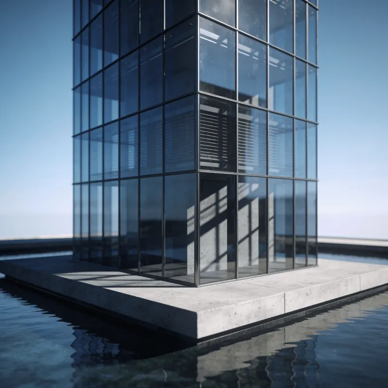 Tower with Glass Curtain Wall — Reflecting Pool