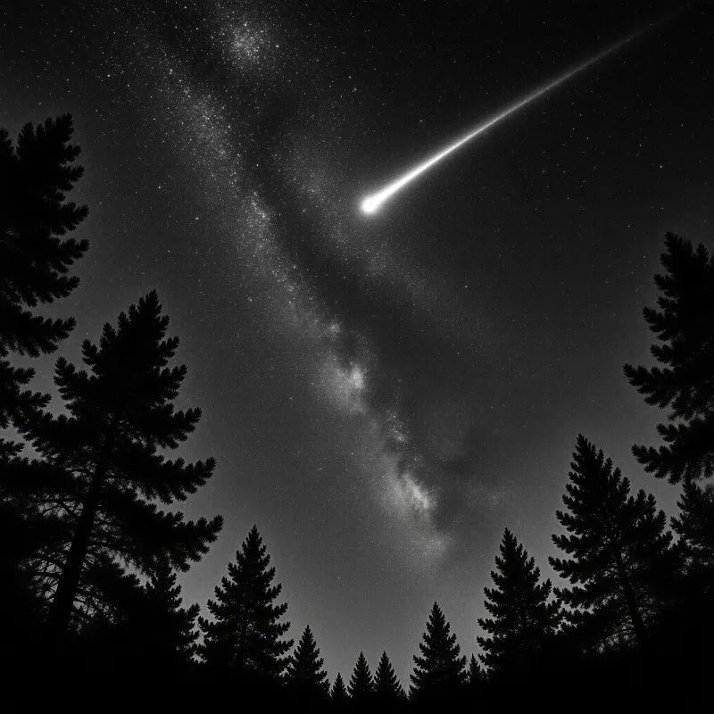 A bright meteor streaks across a starry night sky over silhouetted pine trees, with the Milky Way in black and white.