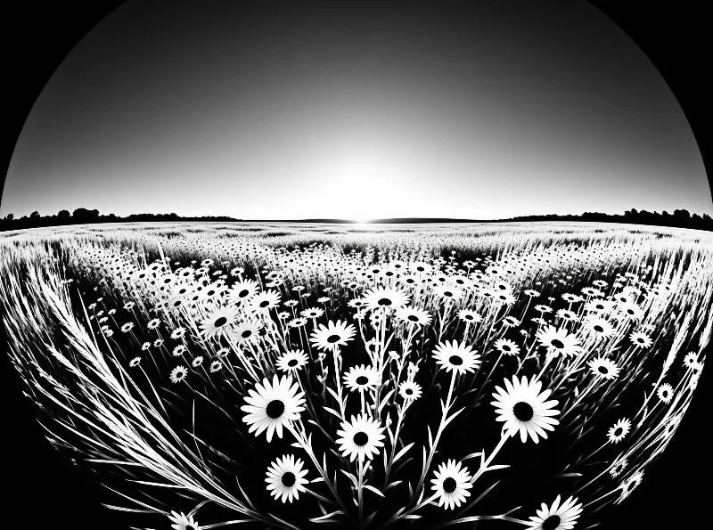 A circular vignette frames white daisies receding toward a bright point of light on a dark tree lined horizon.