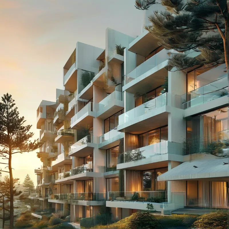 A white geometric building with glass balconies stands near pine trees during the golden hour.