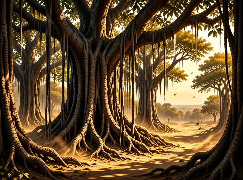Enormous trees with thick twisting roots stand in a sunlit grove filled with warm golden light and shadows.