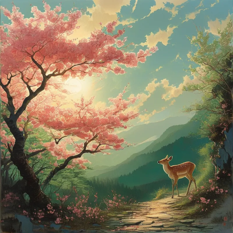 A brown deer stands on a stone path beneath a pink cherry tree with green mountains in the background.