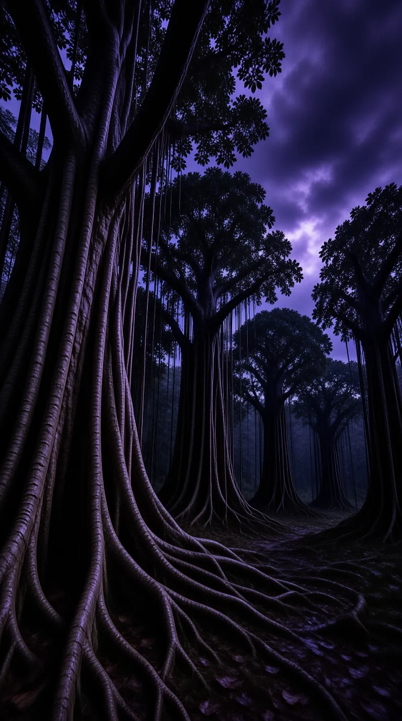 Massive tree roots extend across the ground beneath tall silhouettes during a purple twilight storm.