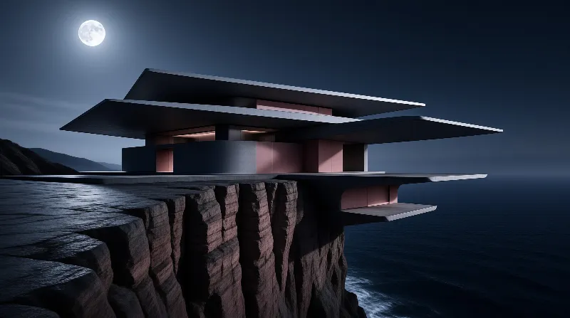 Modern house with layered flat roofs hangs over a rocky cliff, glowing warm pink under a bright moon and dark sky.