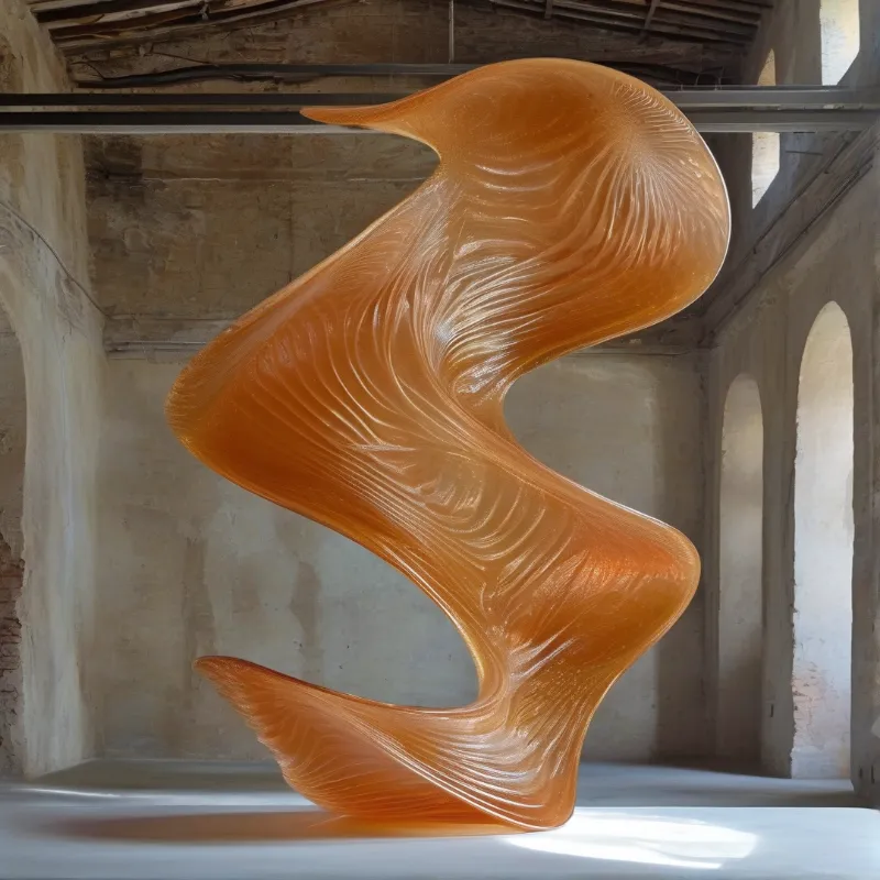 A glossy amber abstract form curves within a rustic room with exposed arches and bright daylight streaming from the right.