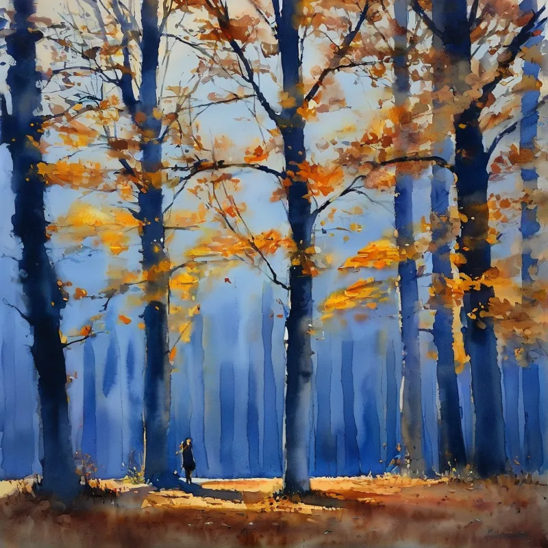 A solitary figure walking through an autumnal forest with warm orange leaves contrasting against deep blue background trees