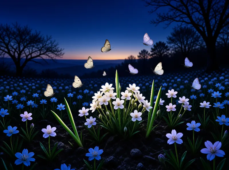 Swarms of white butterflies dance above white and blue flowers under a deep blue twilight sky.