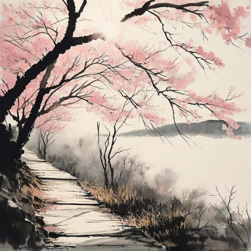 Artwork showing pink blossoms overhanging a stone path leading to a misty lake with sunlight shining through branches.