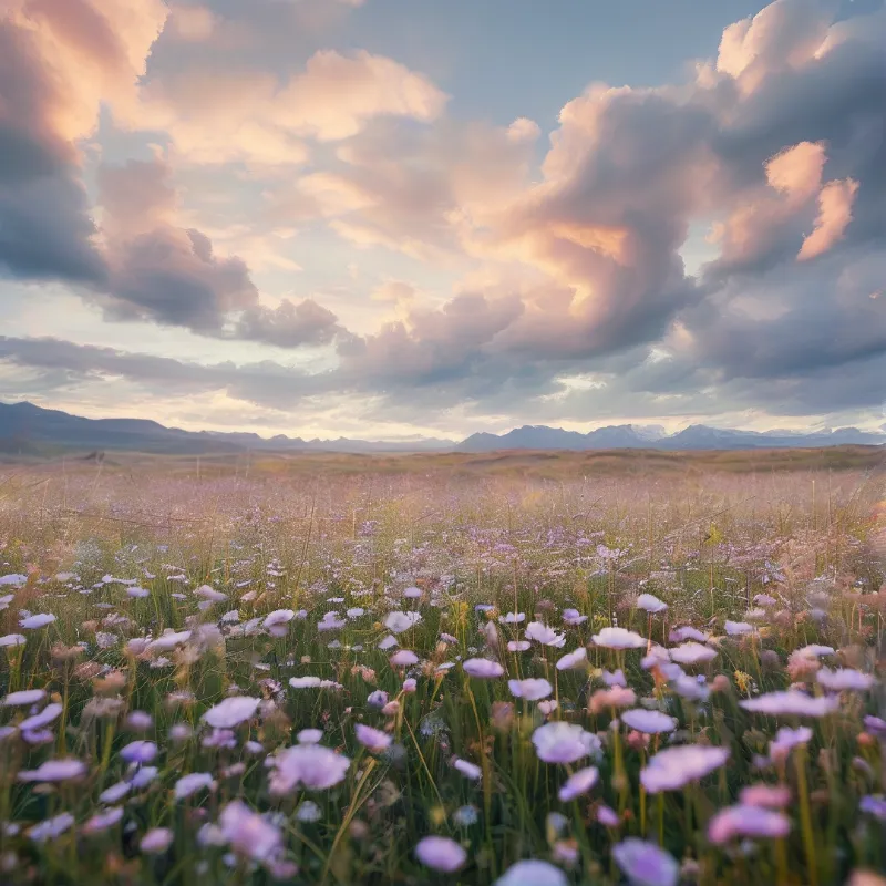 Dreamy flower field sunset