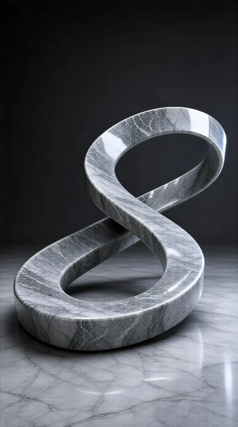 A marble infinity sculpture with a glossy finish sits on a gray marble floor against a dark background, with light reflecting off its smooth surfaces.