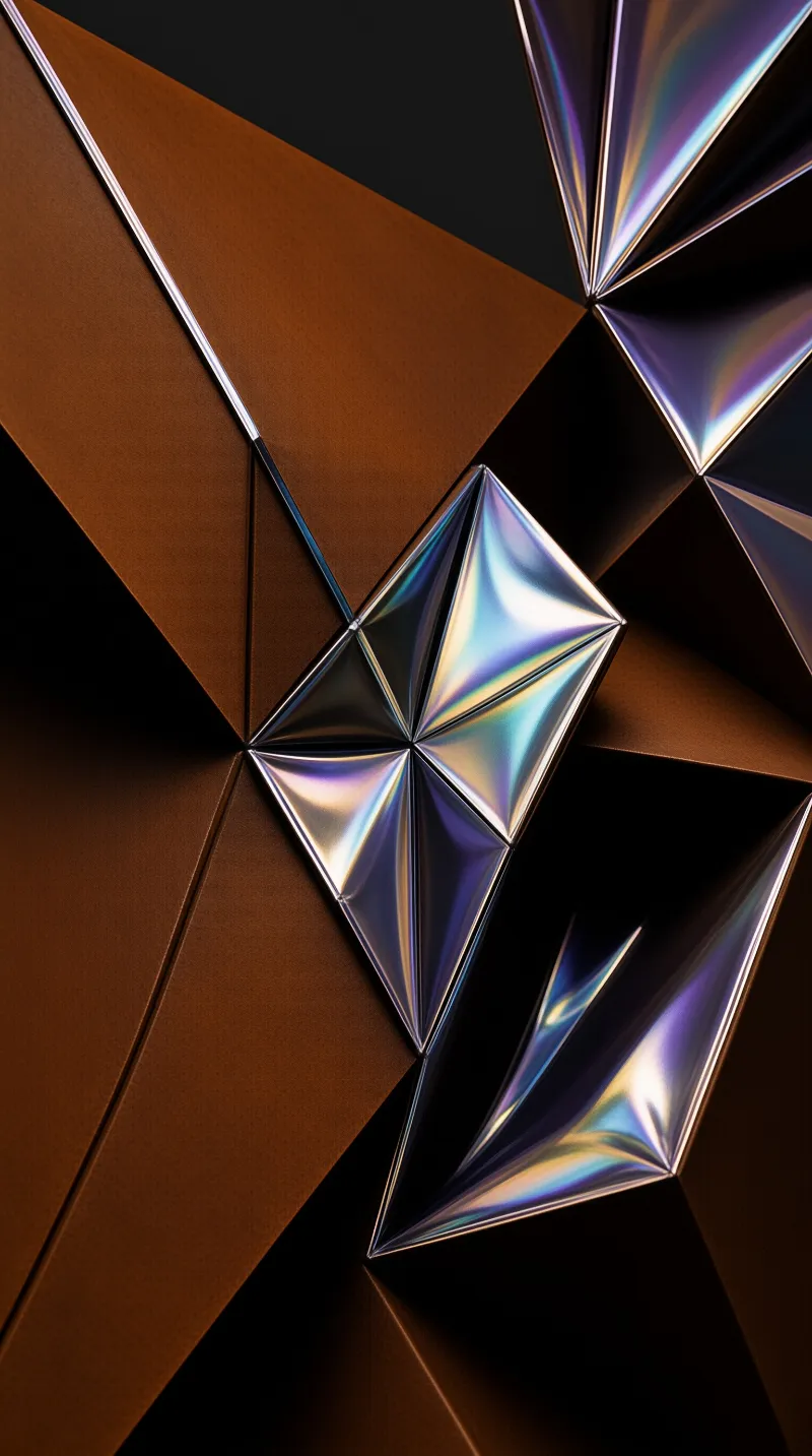 Faceted chrome star shapes with rainbow reflections rest on angular copper panels against a dark backdrop.
