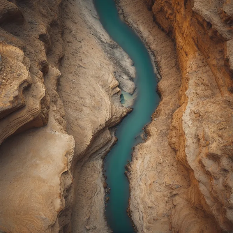 A winding blue river flows through a narrow canyon carved into brown rocky terrain under soft natural light.